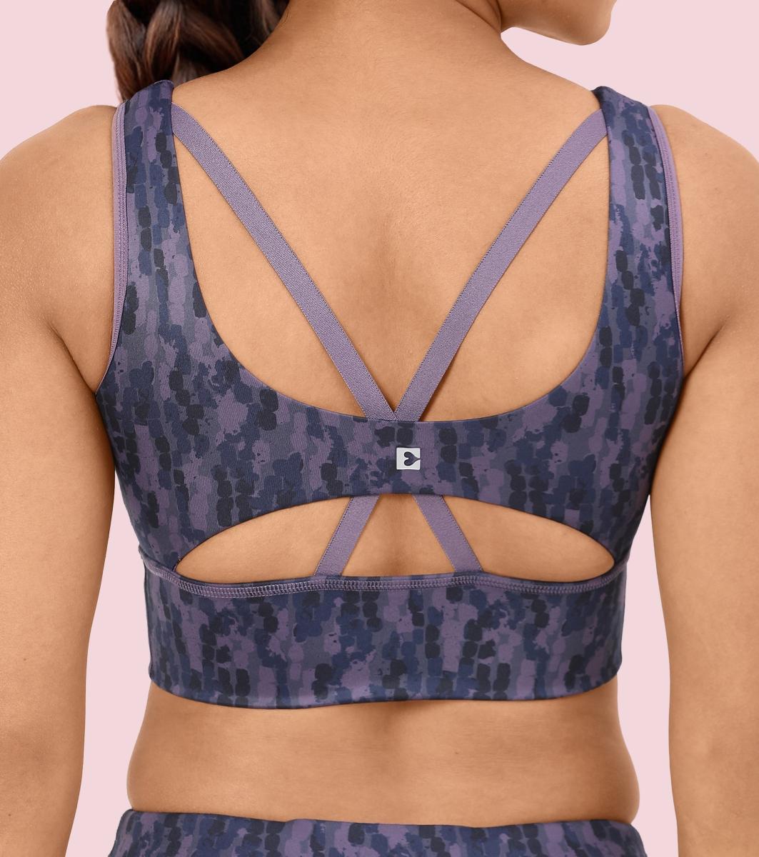 Enamor Cutaway Back Detail Quick Dry Printed Sports Bra - Removable Padding, Non-Wired, Medium Coverage - A204 (Step Brush Print)