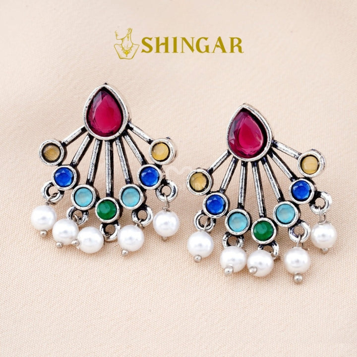 Set Of 12 Oxidized Designer Stud Earrings With Folding Jewelry Box