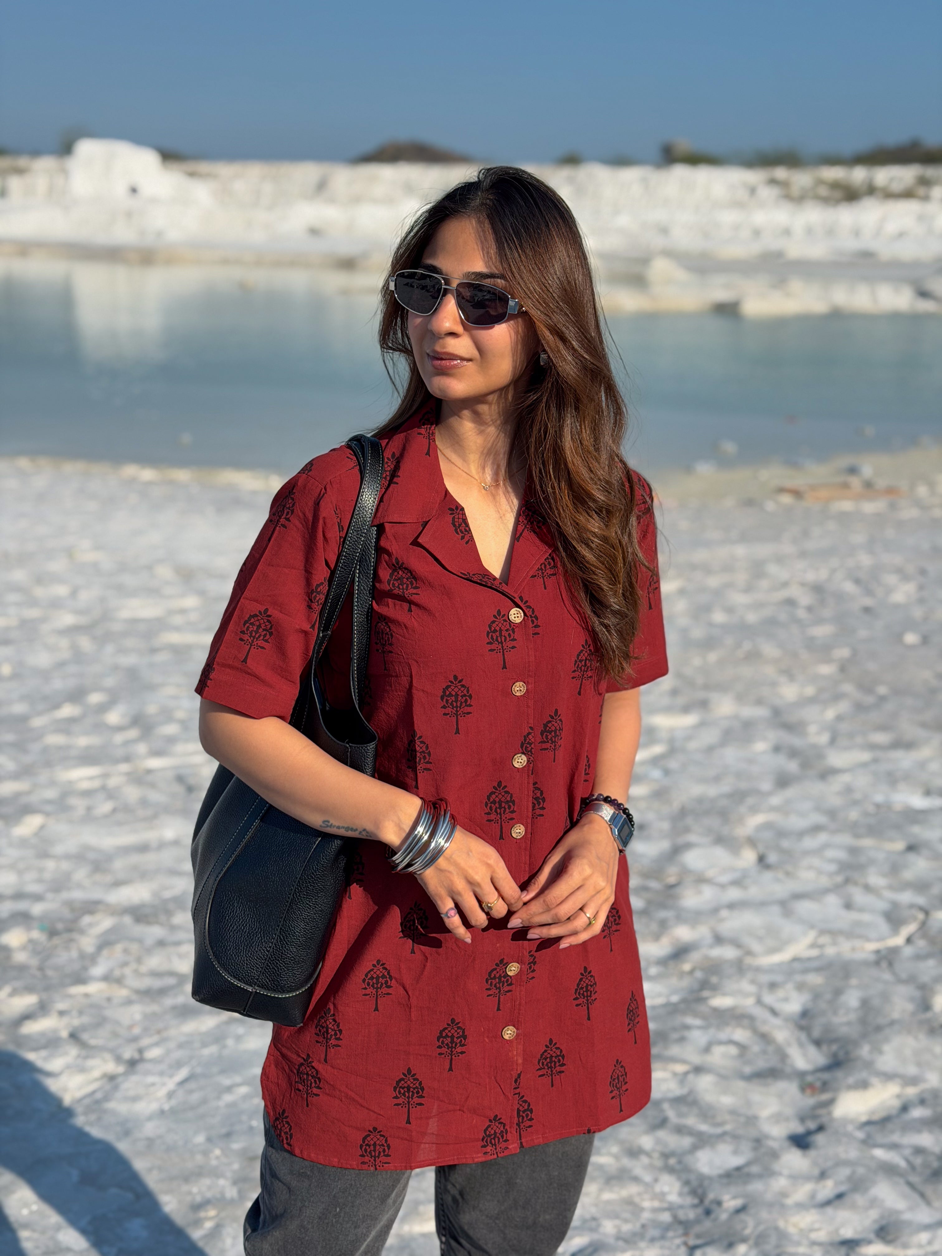 Laal Ajrakh Floral Handblock Cotton Shirt Kurti (Buy 1 Get 1 Free)