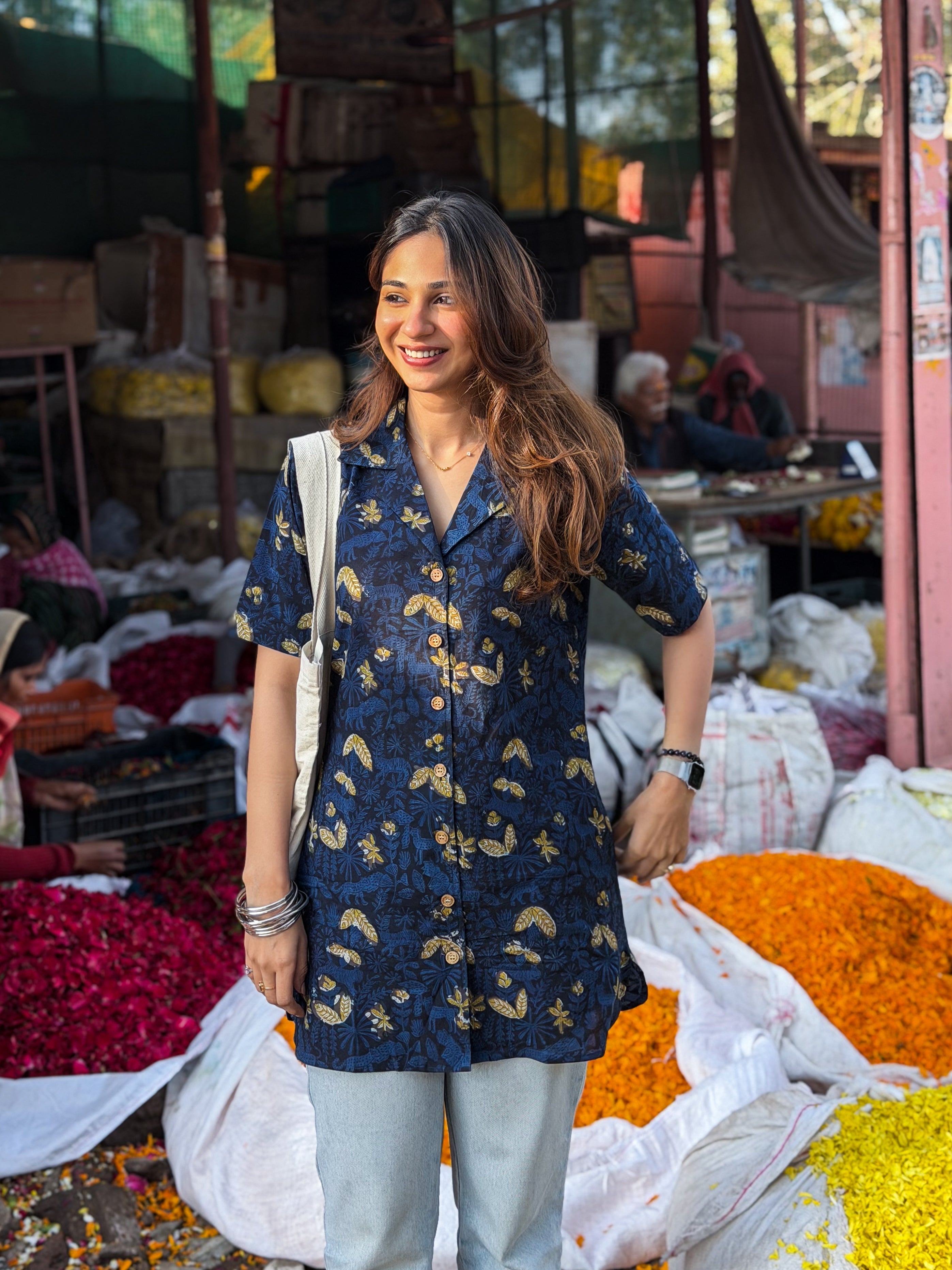 Navy Gold Floral Handblock Cotton Shirt Kurti (Buy 1 Get 1 Free)