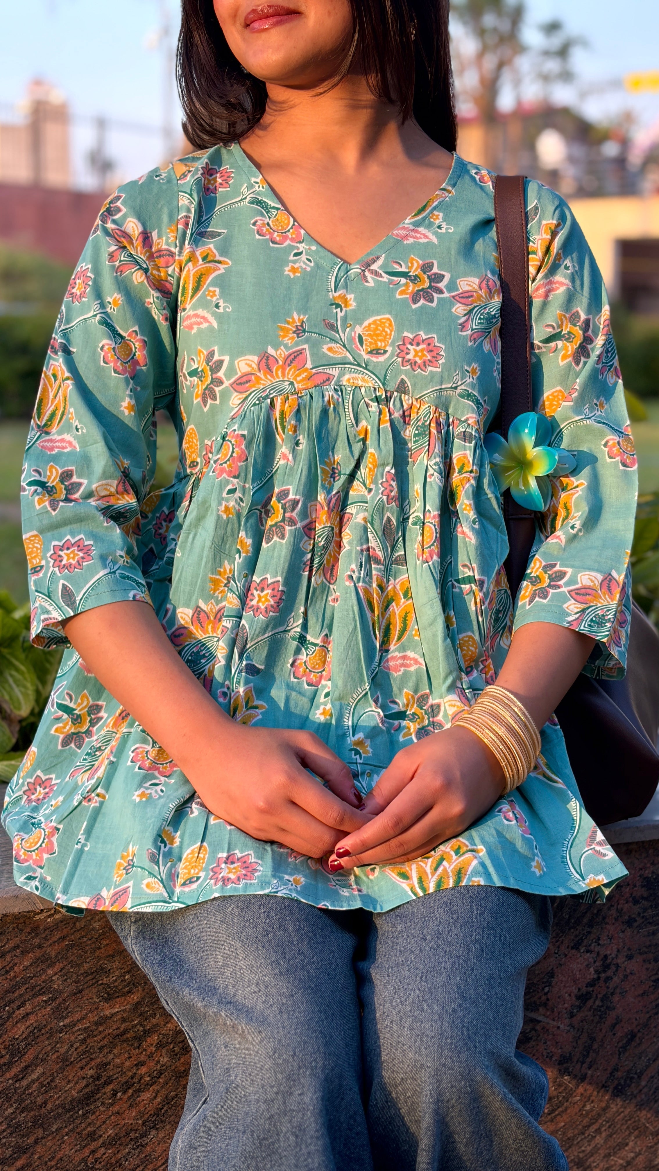 Teal Floral Cotton Peplum Top (Buy 1 Get 1 Free)