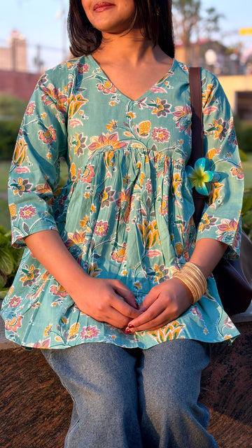Teal Floral Cotton Peplum Top (Buy 1 Get 1 Free)