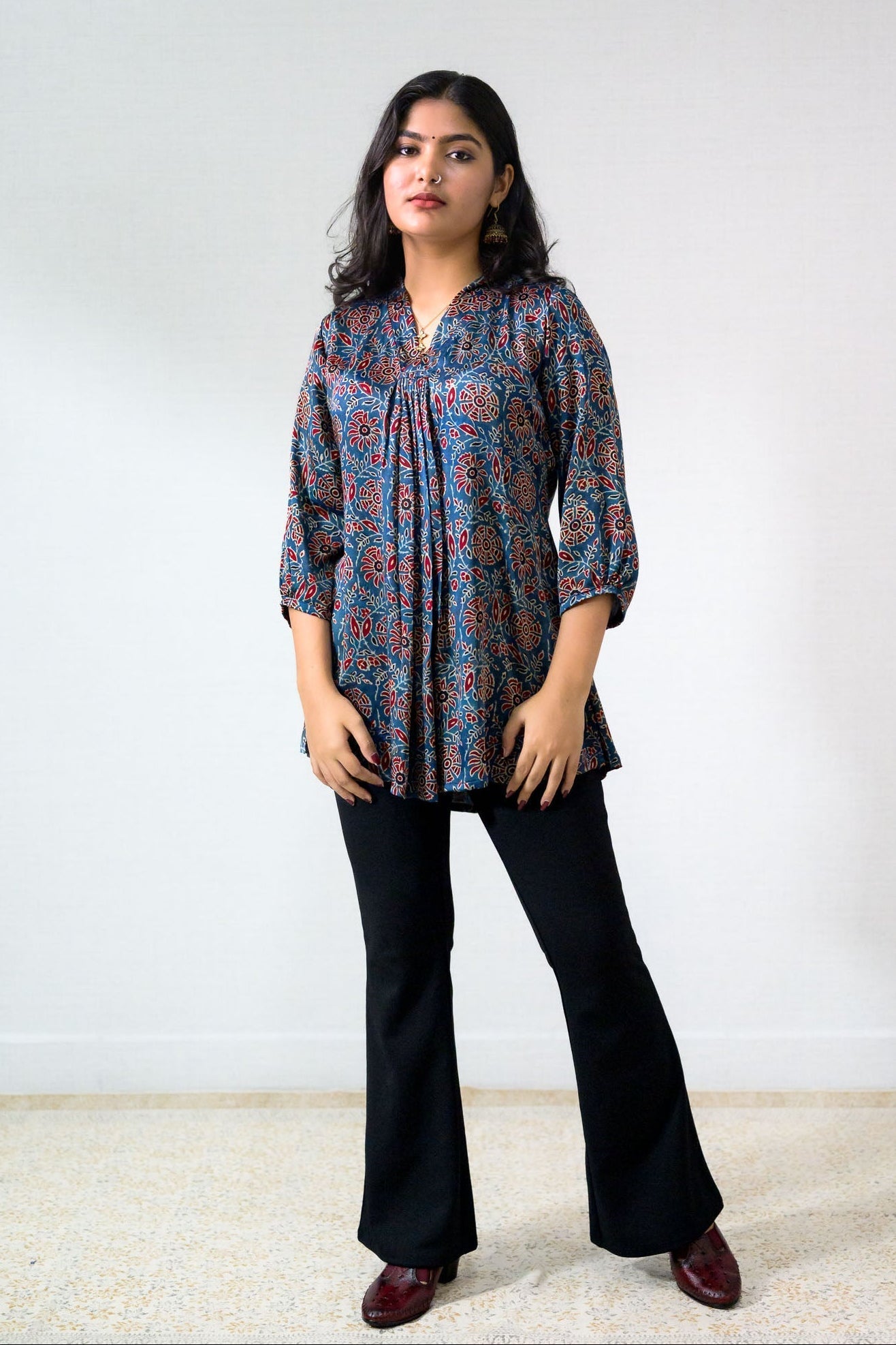 Blue Blooms Modal Ajrakh Short Top (Buy 1 Get 1 Free)