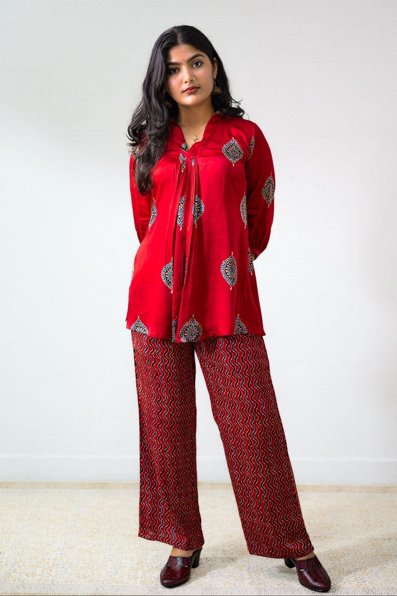 Set of 2- Red Pihu Modal Ajrakh Short Top & Parallel Pants (Buy 1 Get 1 Free)