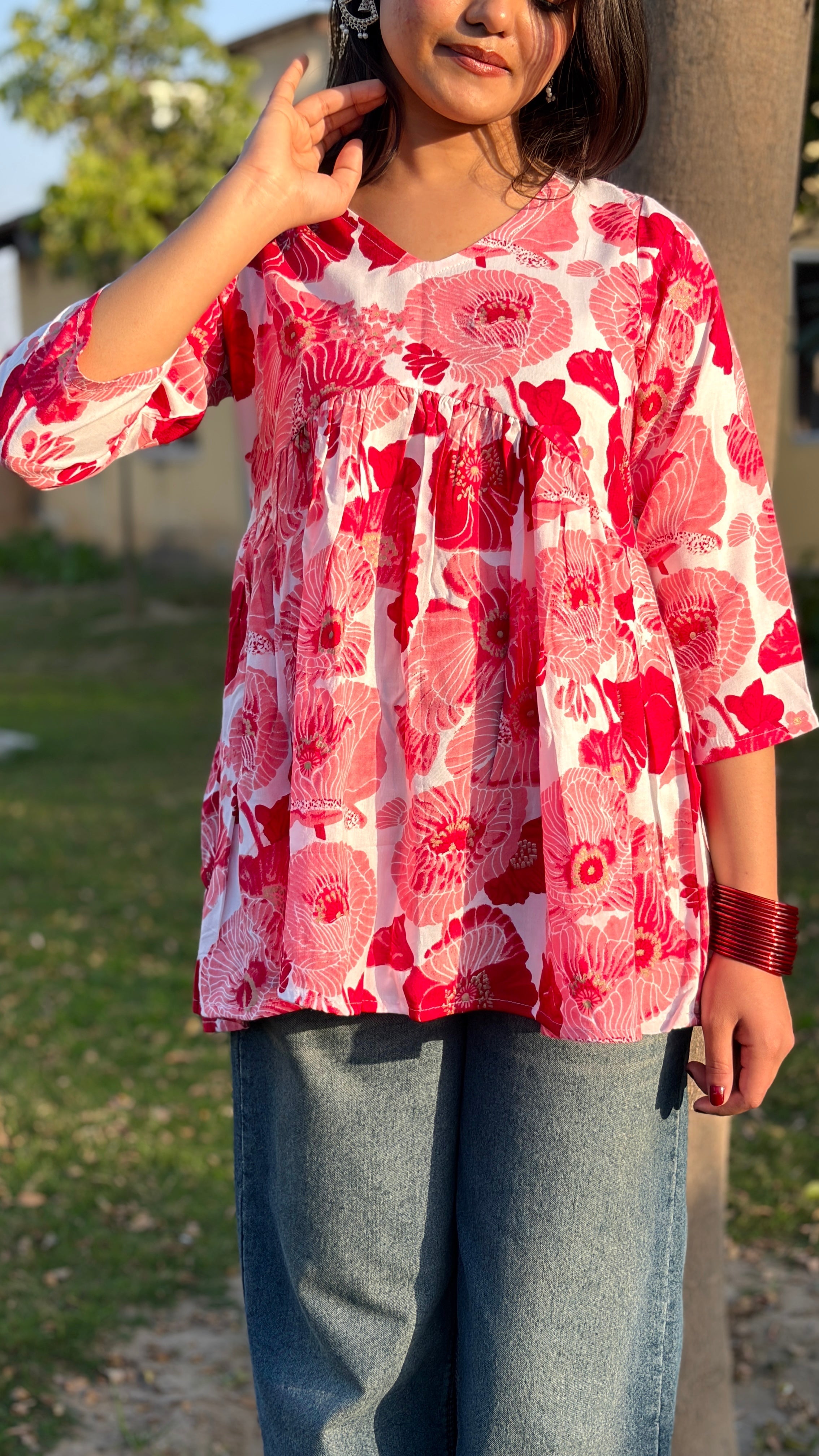 Bloom in Style – Pink Floral Gathered Top (Buy 1 Get 1 Free)