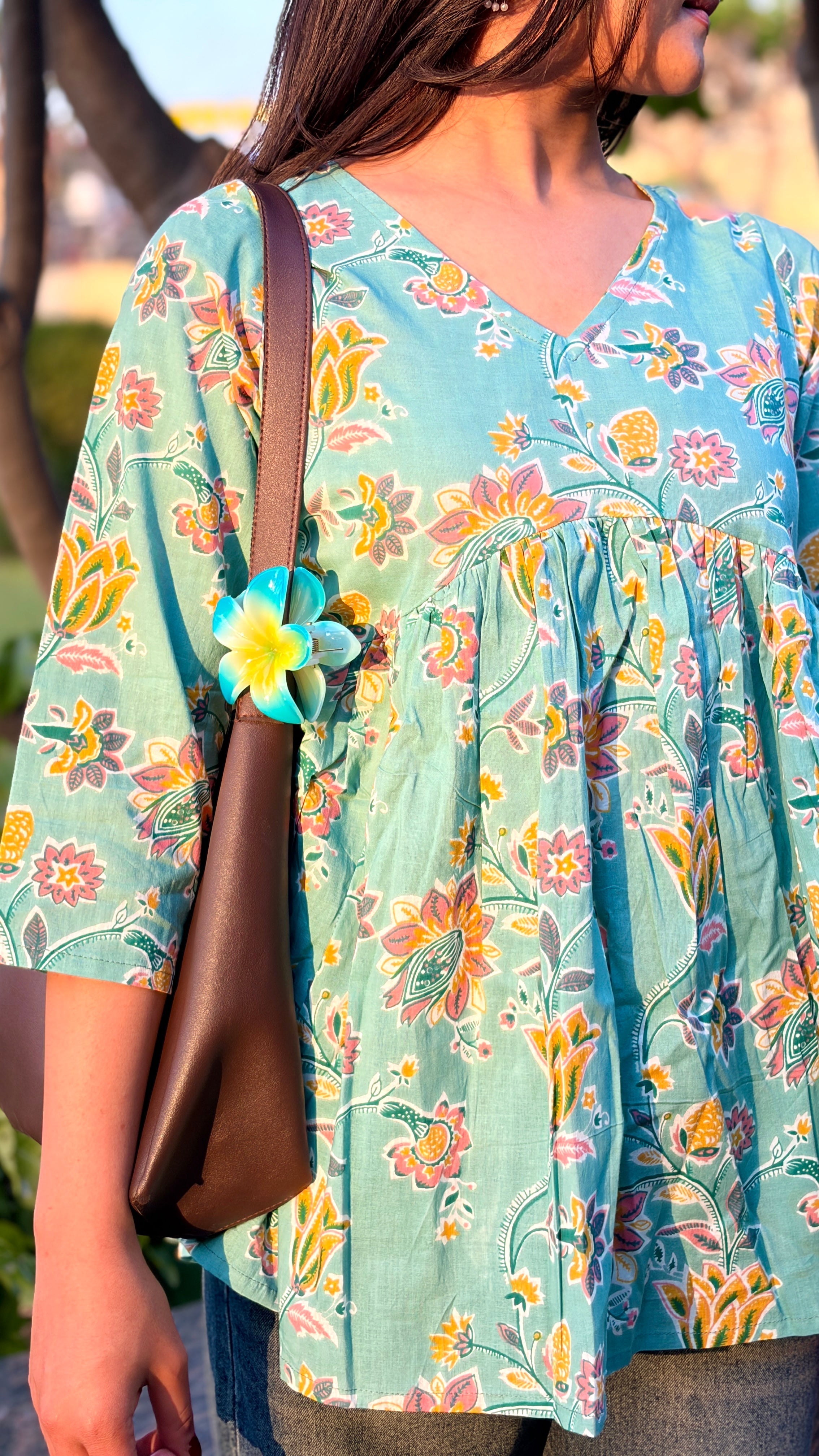Teal Floral Cotton Peplum Top (Buy 1 Get 1 Free)