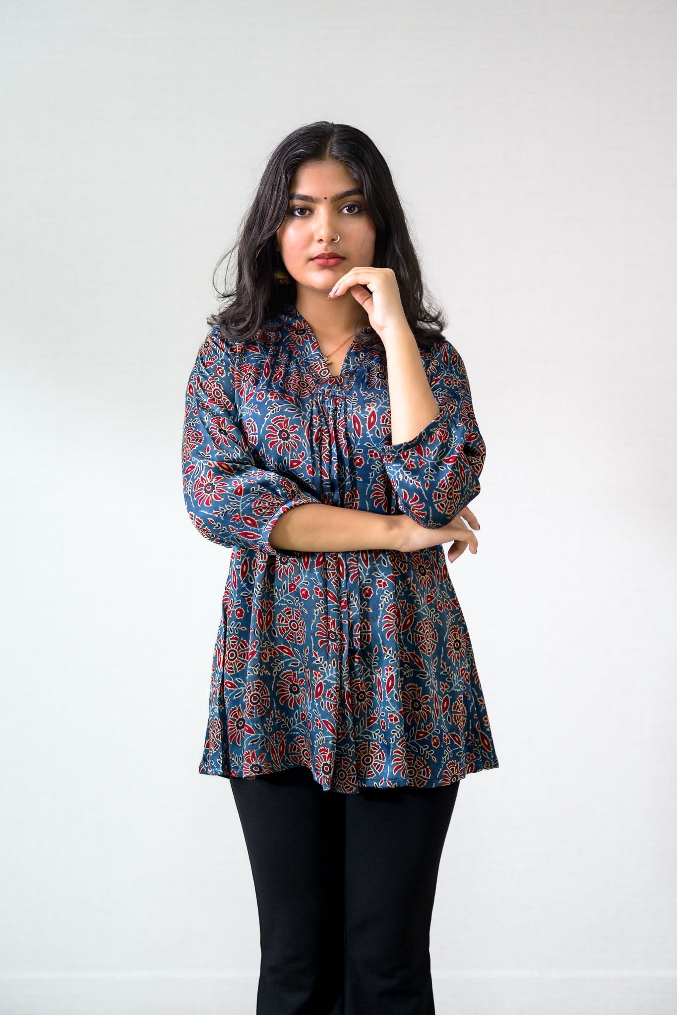 Blue Blooms Modal Ajrakh Short Top (Buy 1 Get 1 Free)