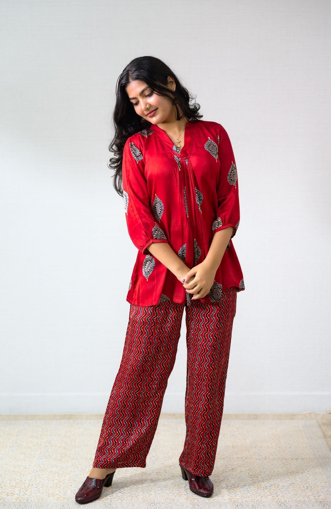 Set of 2- Red Pihu Modal Ajrakh Short Top & Parallel Pants (Buy 1 Get 1 Free)