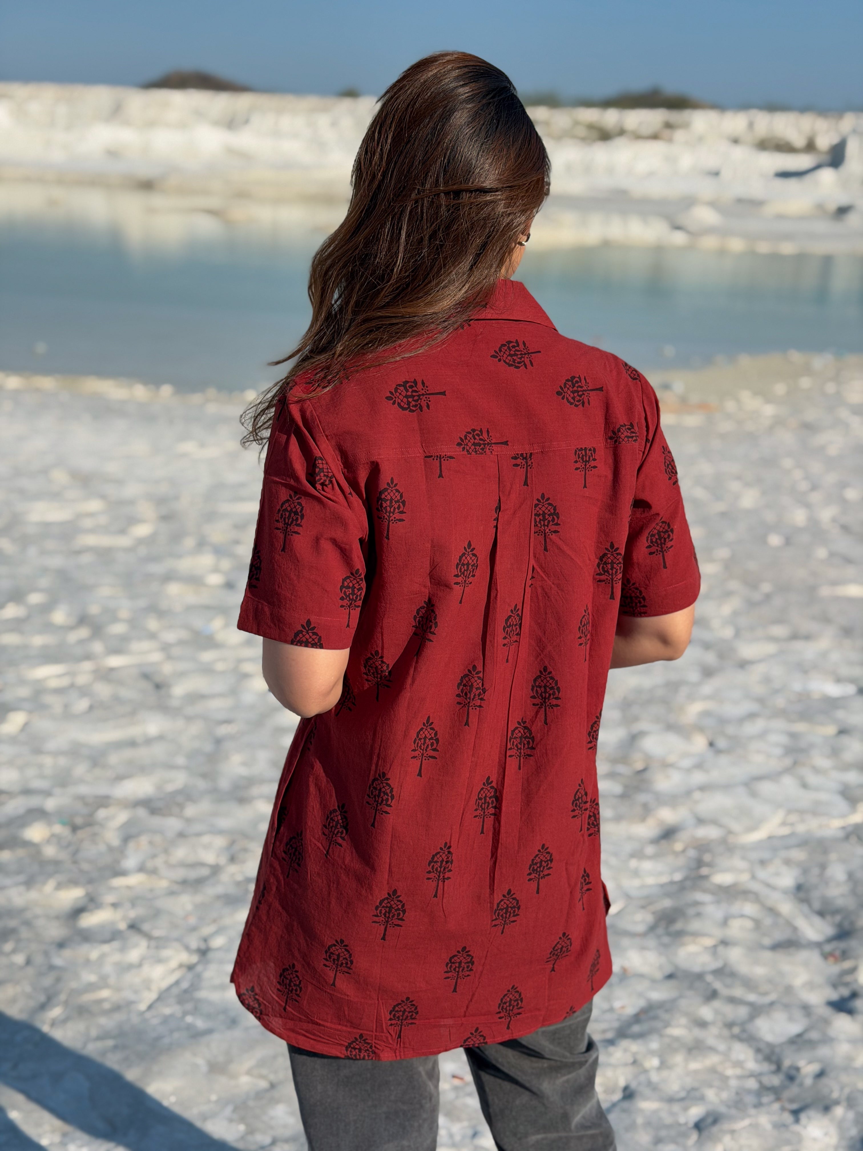 Laal Ajrakh Floral Handblock Cotton Shirt Kurti (Buy 1 Get 1 Free)