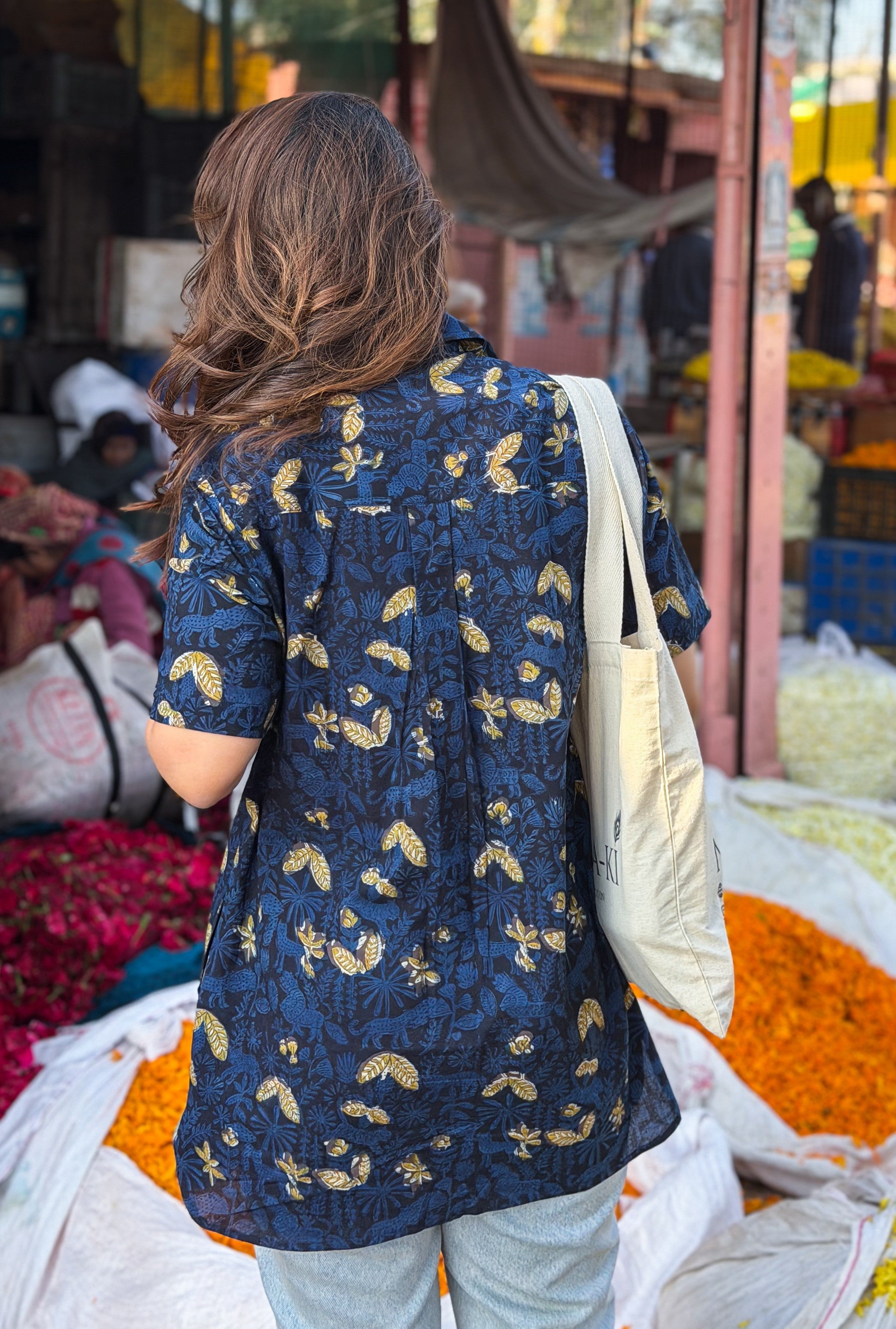 Navy Gold Floral Handblock Cotton Shirt Kurti (Buy 1 Get 1 Free)