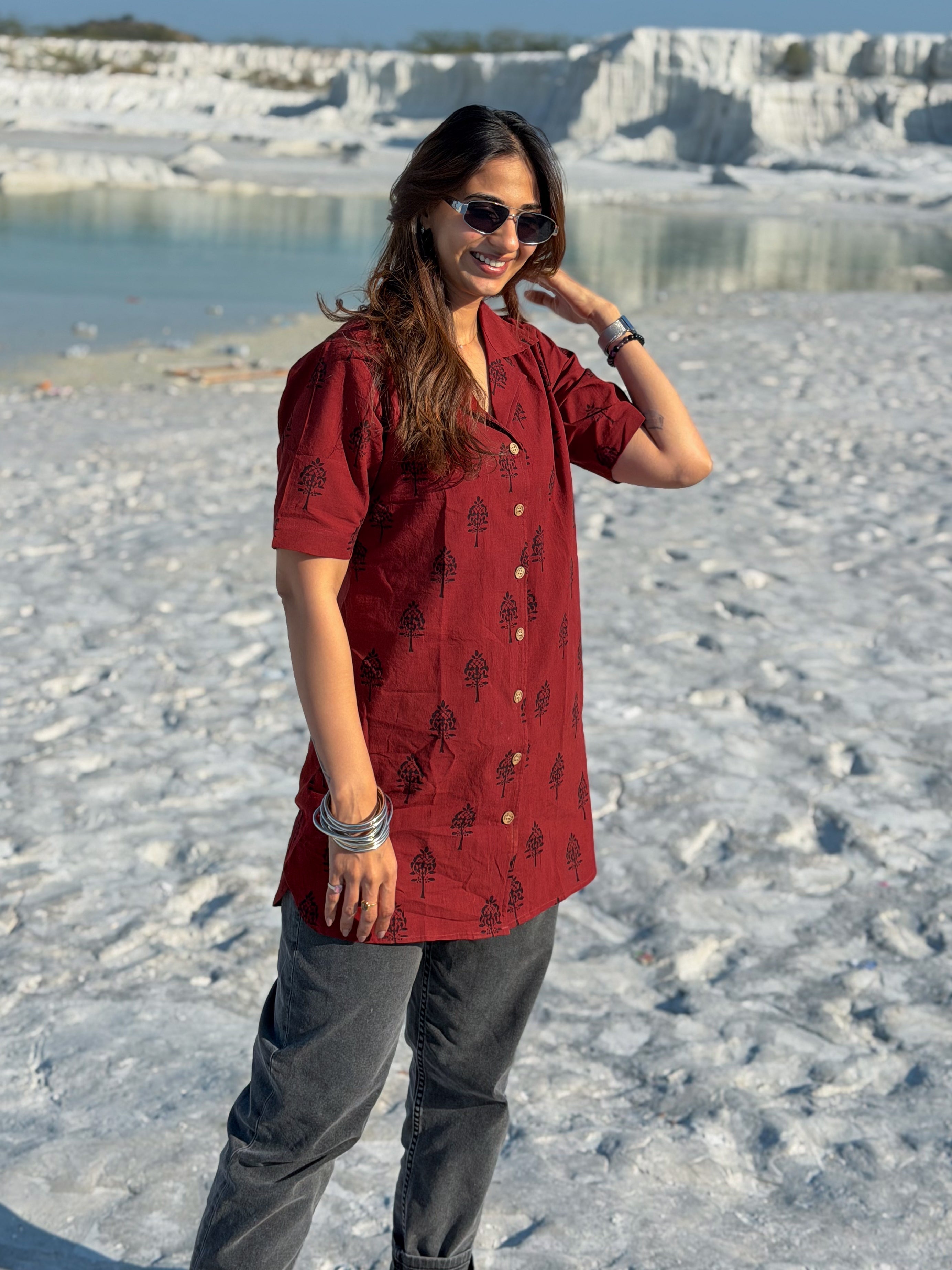 Laal Ajrakh Floral Handblock Cotton Shirt Kurti (Buy 1 Get 1 Free)