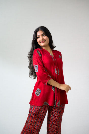Set of 2- Red Pihu Modal Ajrakh Short Top & Parallel Pants (Buy 1 Get 1 Free)