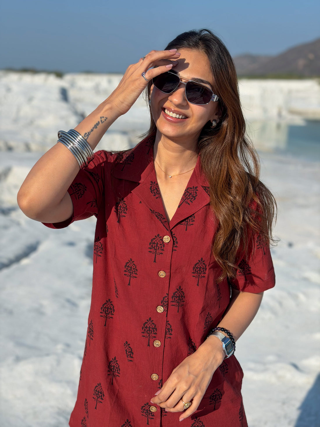 Laal Ajrakh Floral Handblock Cotton Shirt Kurti (Buy 1 Get 1 Free)