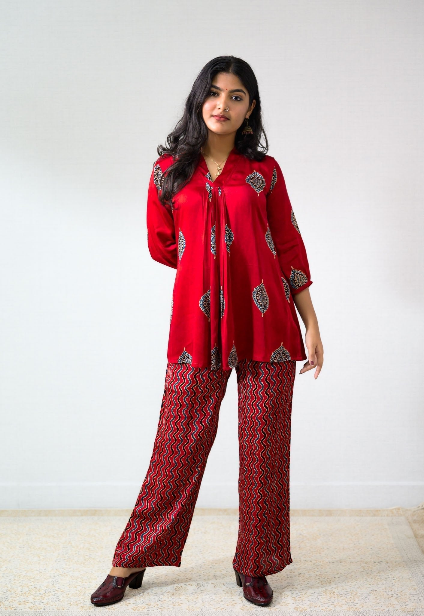 Set of 2- Red Pihu Modal Ajrakh Short Top & Parallel Pants (Buy 1 Get 1 Free)