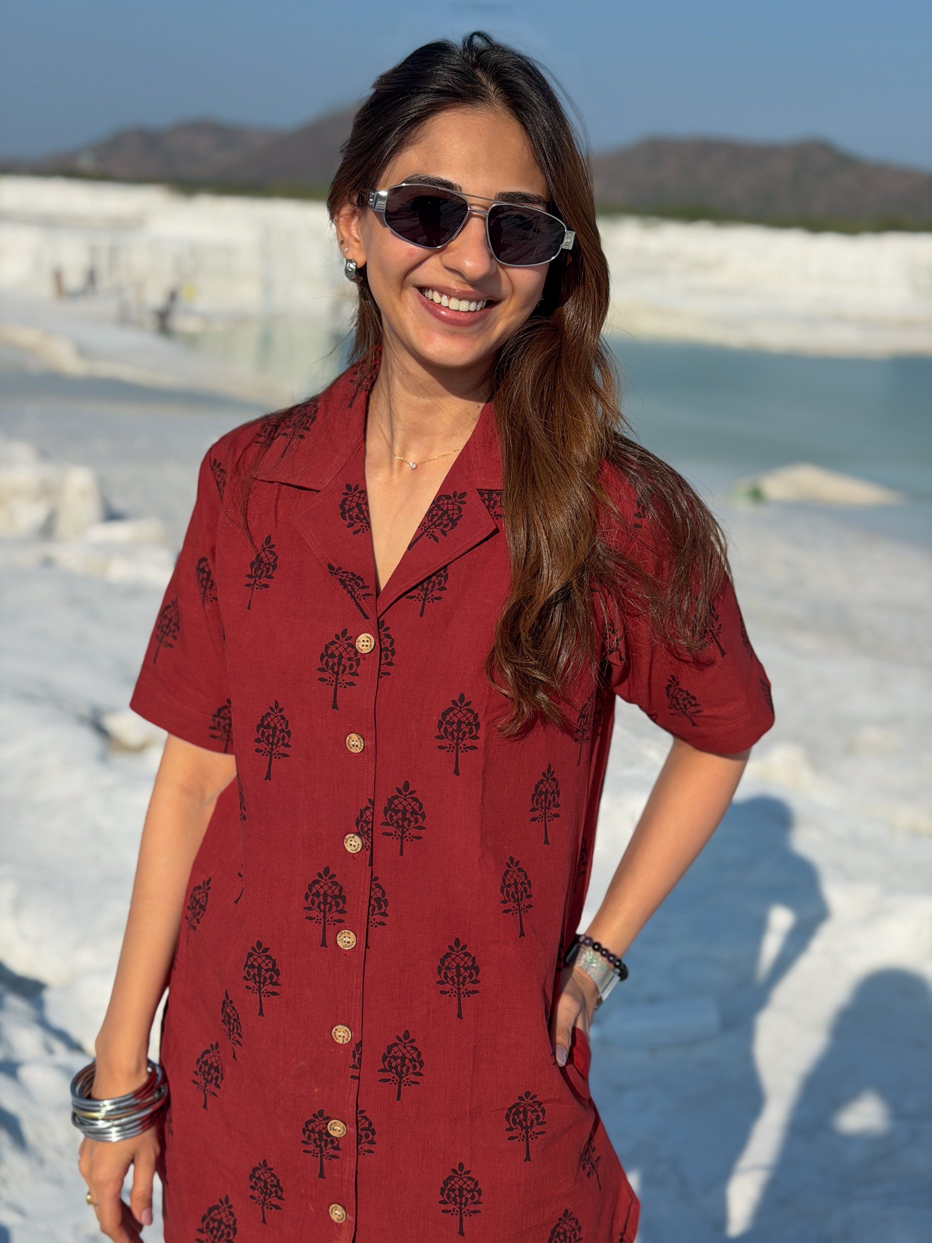 Laal Ajrakh Floral Handblock Cotton Shirt Kurti (Buy 1 Get 1 Free)