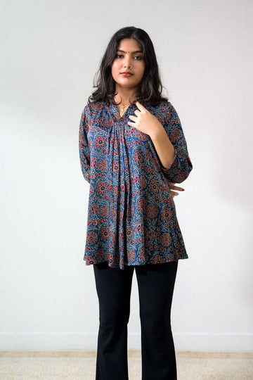 Blue Blooms Modal Ajrakh Short Top (Buy 1 Get 1 Free)