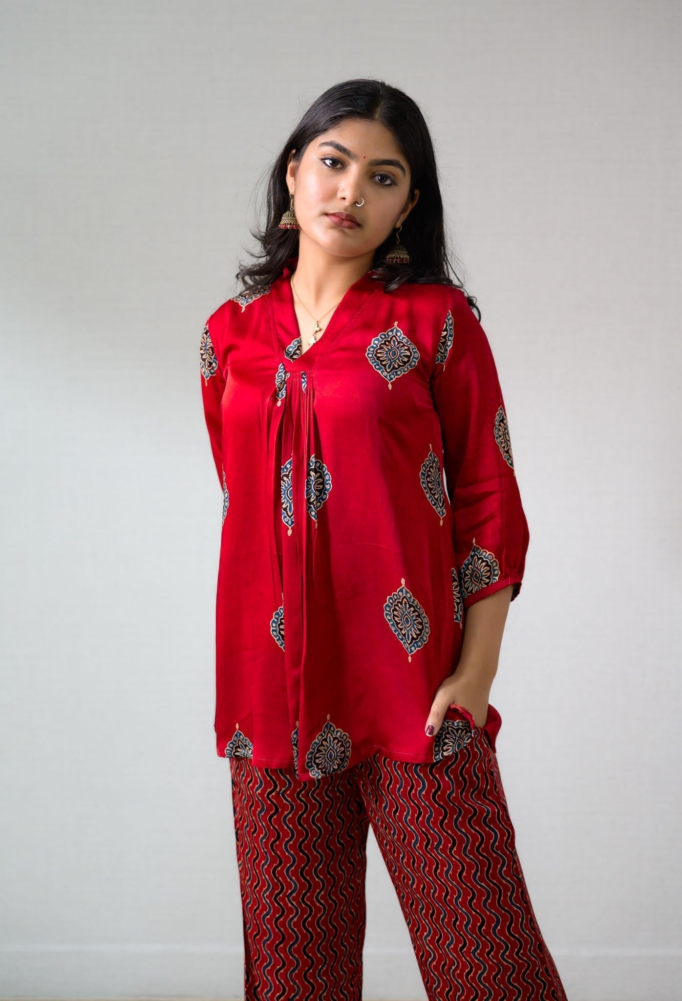 Set of 2- Red Pihu Modal Ajrakh Short Top & Parallel Pants (Buy 1 Get 1 Free)