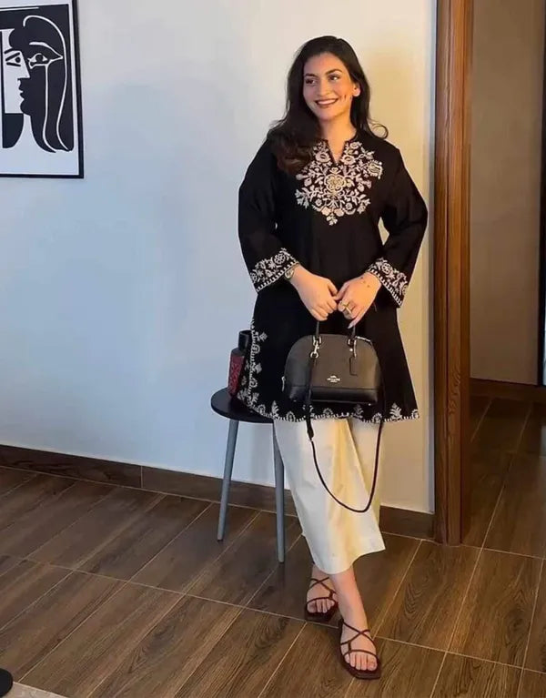 short black embroidered kurta with pants  (Buy 1 Get 1 Free)