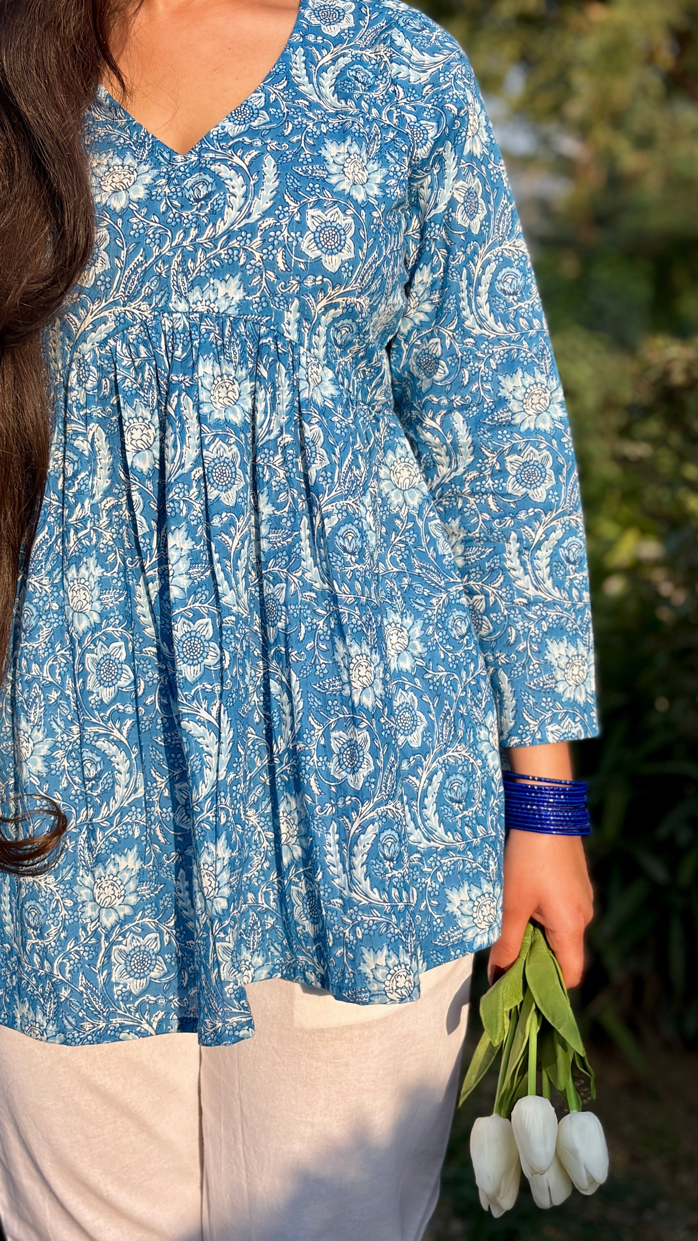 Blue Floral Cotton Peplum Top (Buy 1 Get 1 Free)