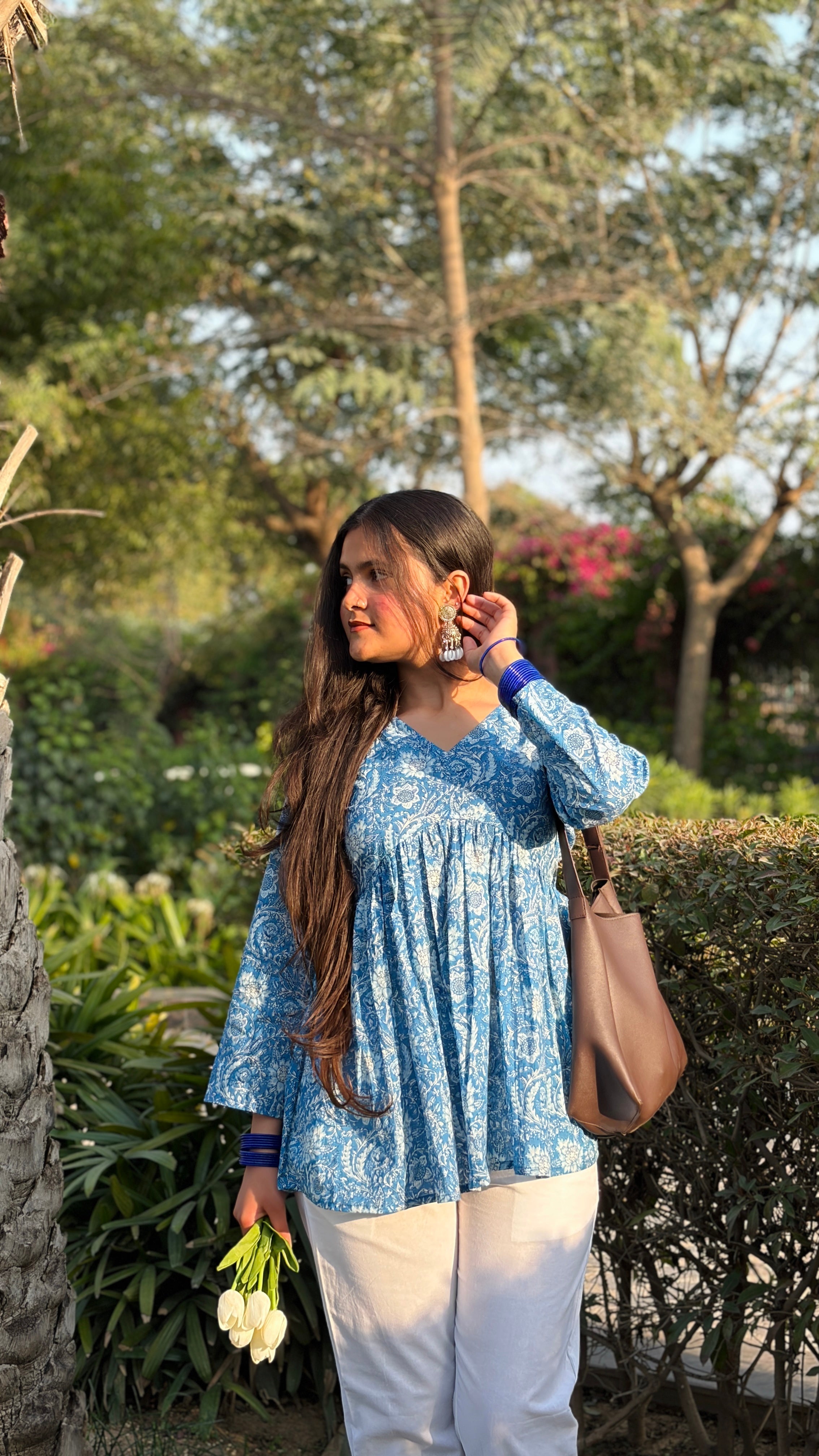 Blue Floral Cotton Peplum Top (Buy 1 Get 1 Free)
