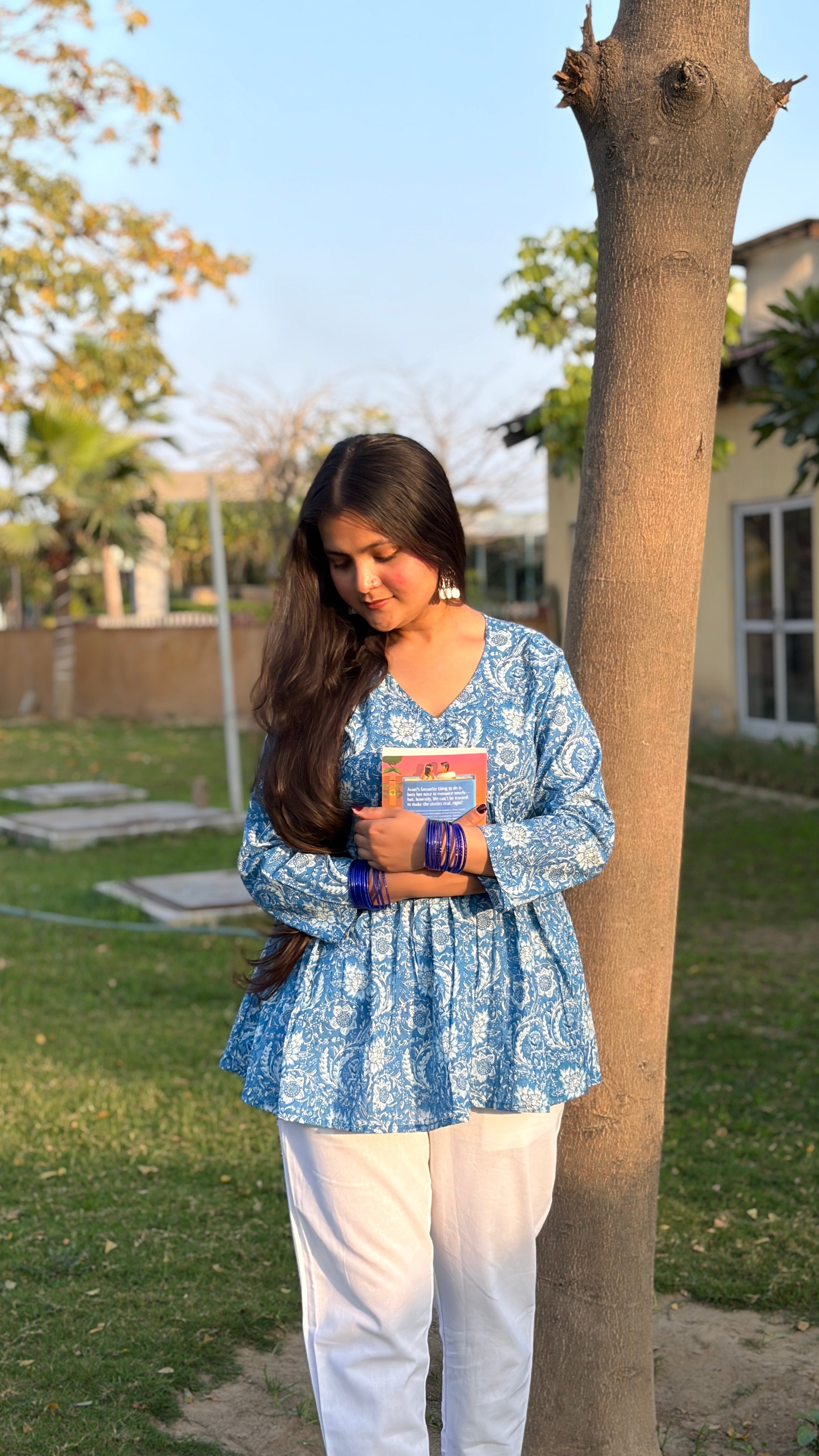 Blue Floral Cotton Peplum Top (Buy 1 Get 1 Free)