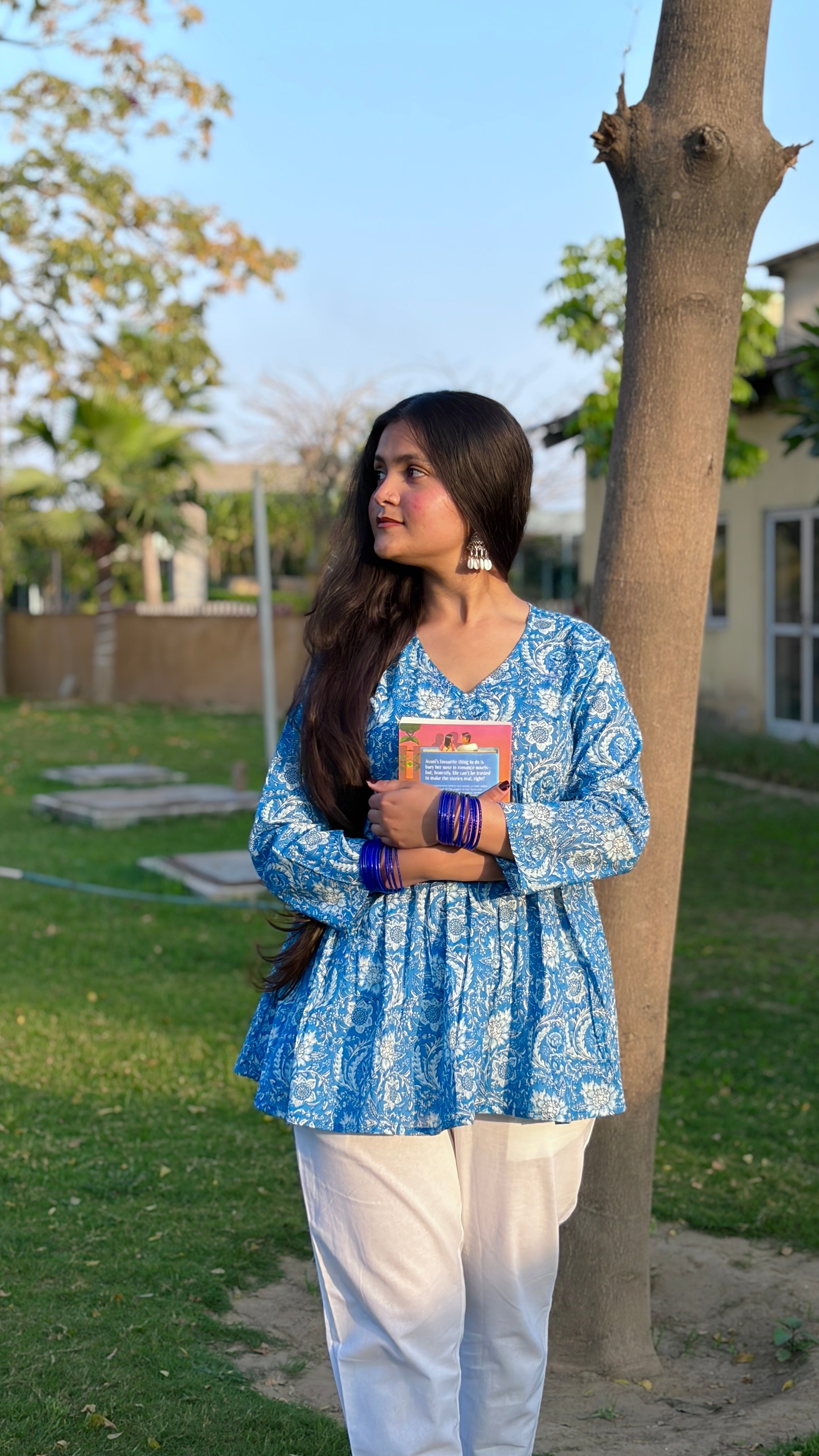 Blue Floral Cotton Peplum Top (Buy 1 Get 1 Free)